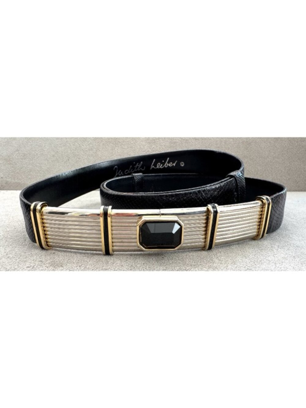 Vtg JUDITH LEIBER Jeweled Buckle Black Snakeskin SKINNY BELT Adjustable to 37"